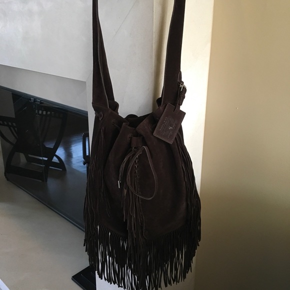 RALPH LAUREN RICH CHOCO BROWN SUEDE FRINGED HOBO - Picture 2 of 7